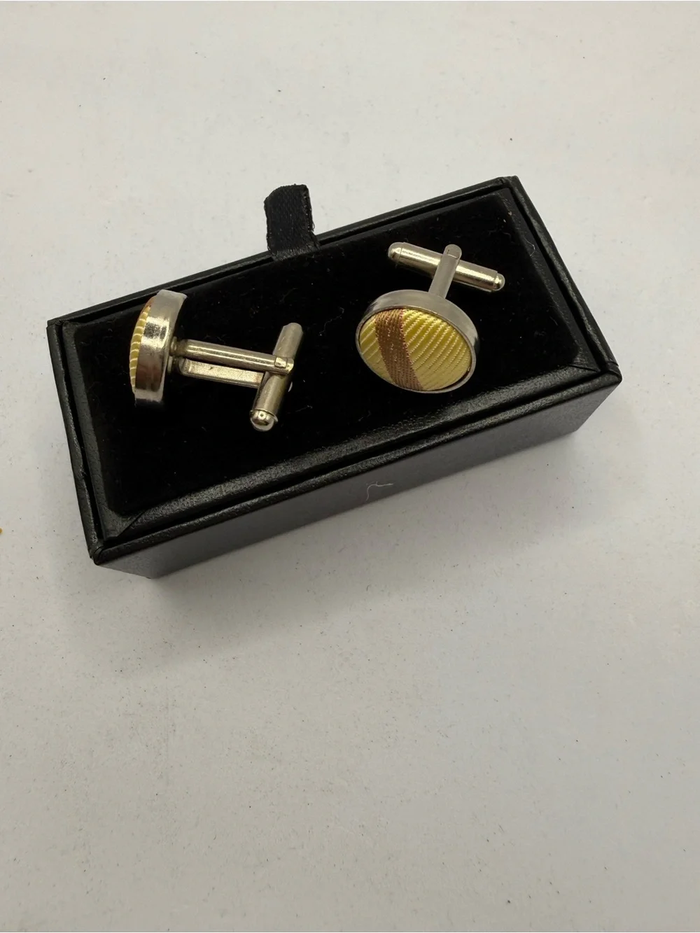 Men's Yellow and Brown Silk Stripe Round Cufflinks